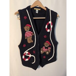 Vtg. Bryn Connelly Knit Sweater Vest Teddy Bear‎ Nautical  M 90's Y2K Cottage